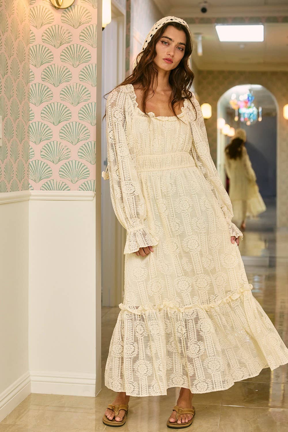 ID4160 Elastic Waist Lace Tiered Maxi Dress