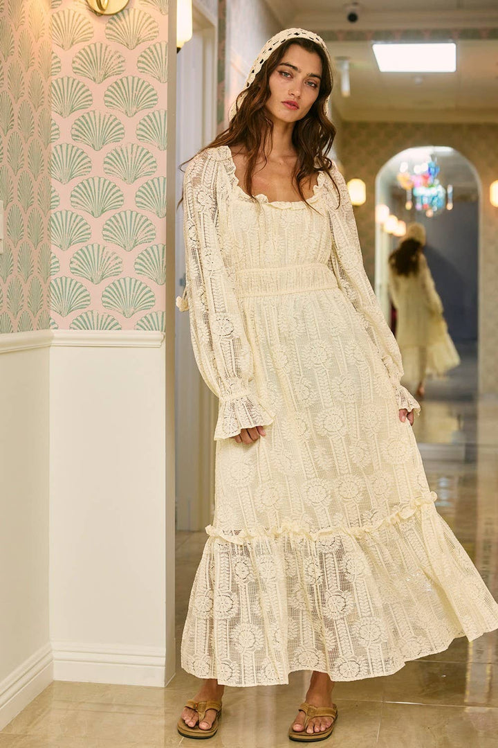 ID4160 Elastic Waist Lace Tiered Maxi Dress