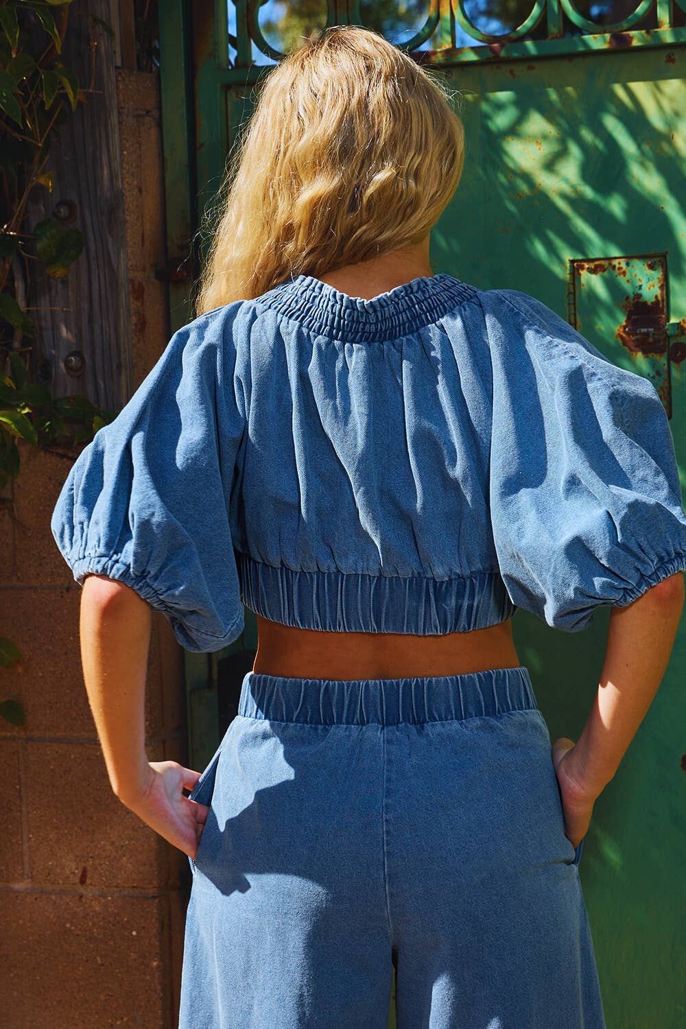 IT2266C Smocked Ruffle V-neck Crop Top Denim Blouse