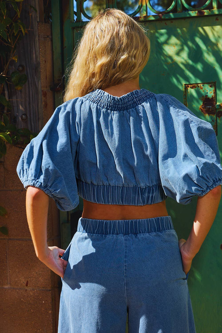 IT2266C Smocked Ruffle V-neck Crop Top Denim Blouse