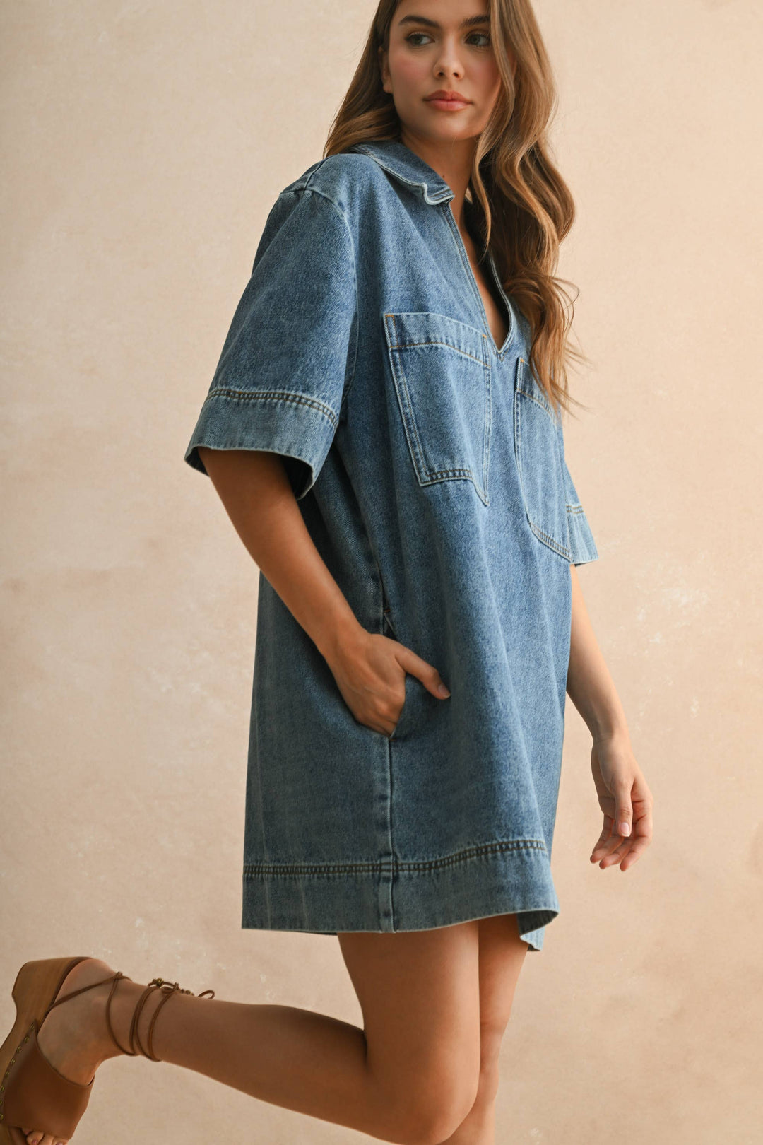 D4231   V-NECK DENIM TUNIC DRESS