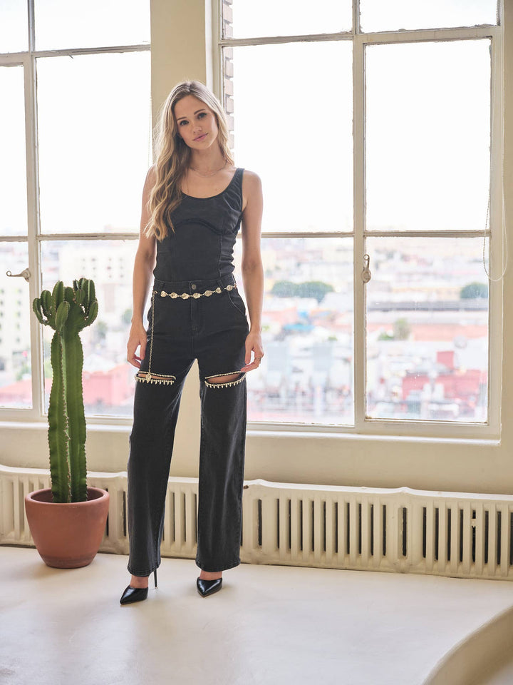 15137P-1 - Cut Out Front Rhinestone Washed Denim Jeans