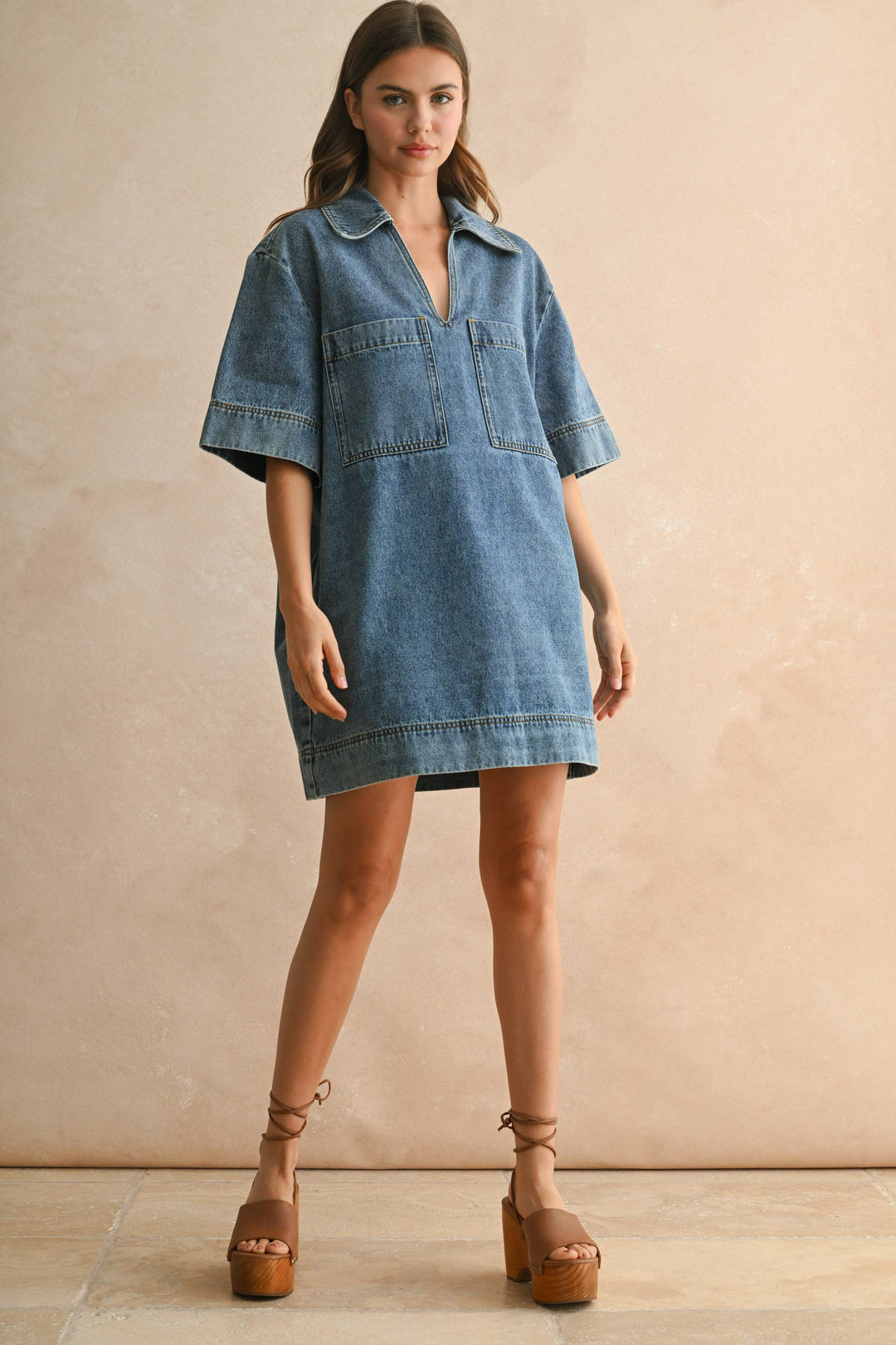 D4231   V-NECK DENIM TUNIC DRESS