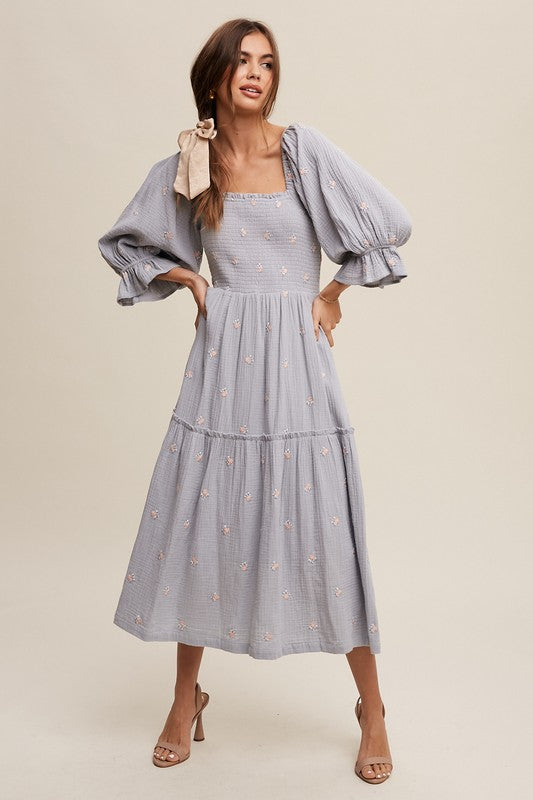 Floral Embroidery Puff Sleeve Maxi Dress – Styledwell Boutique