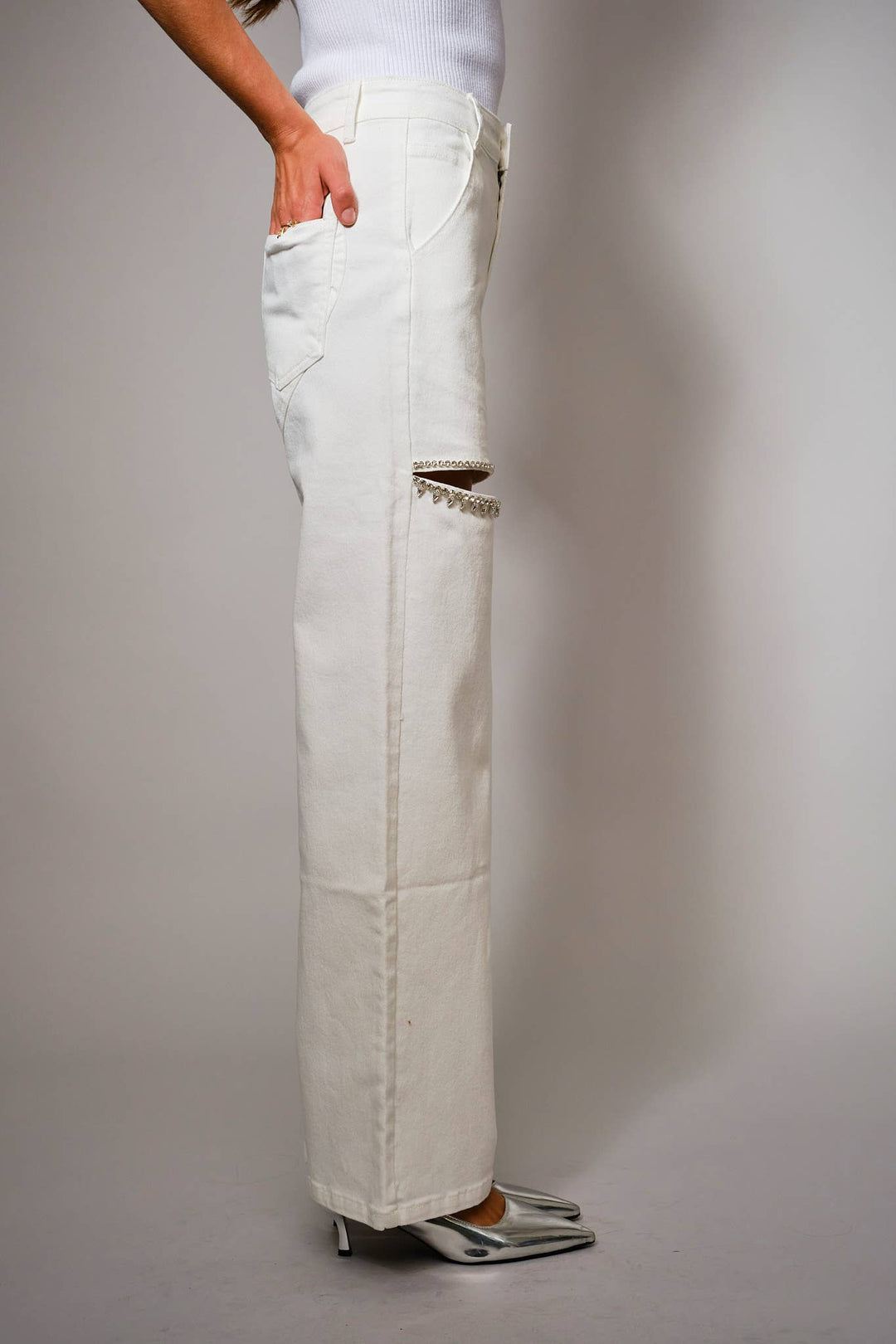 15137P-1 - Cut Out Front Rhinestone Washed Denim Jeans