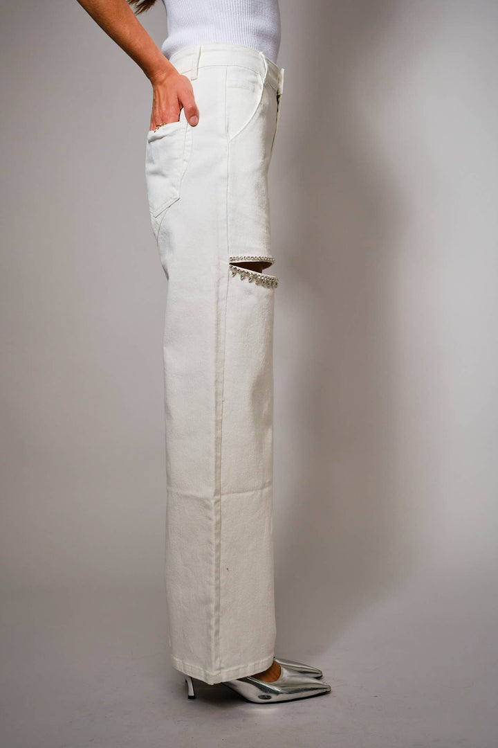 15137P-1 - Cut Out Front Rhinestone Washed Denim Jeans