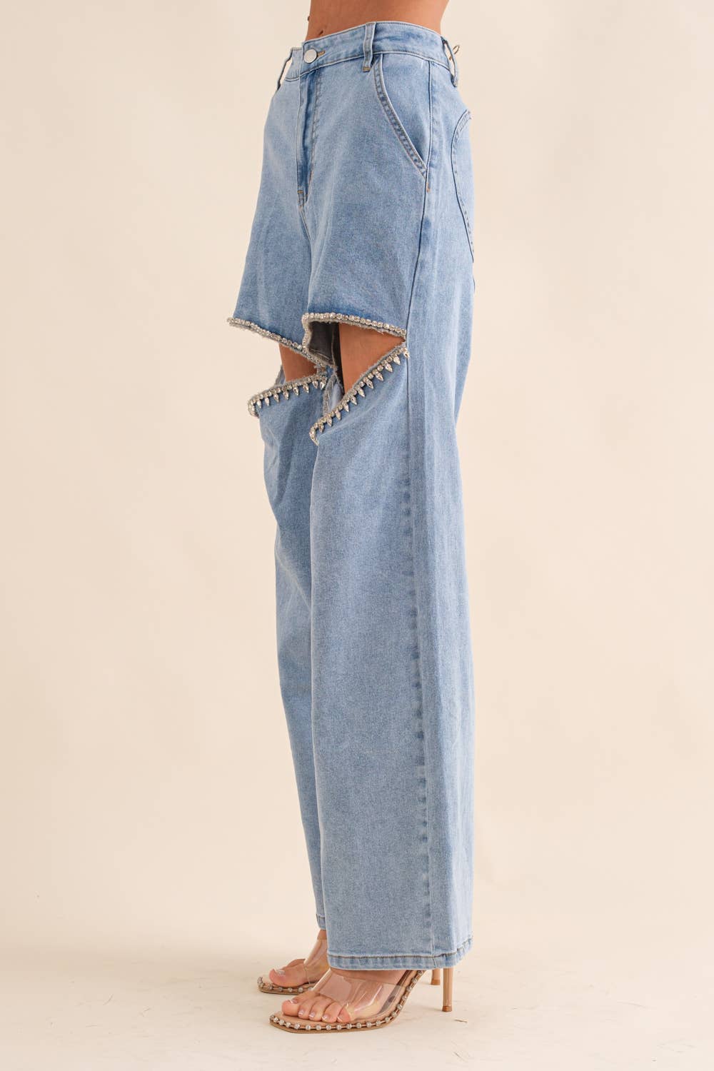 15137P-1 - Cut Out Front Rhinestone Washed Denim Jeans