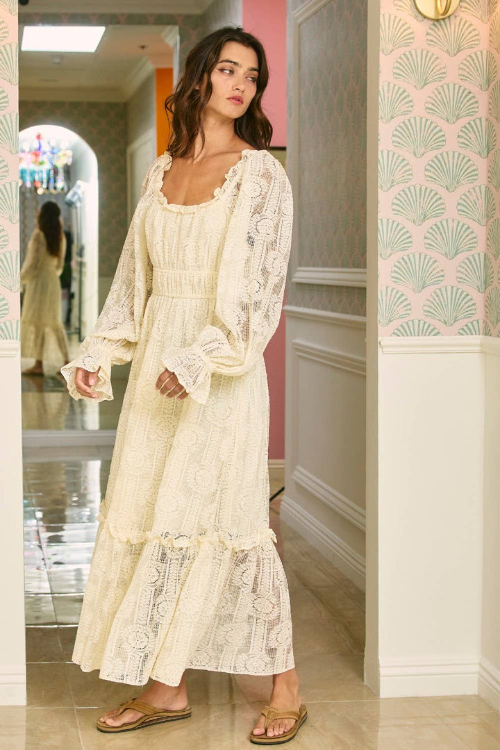 ID4160 Elastic Waist Lace Tiered Maxi Dress