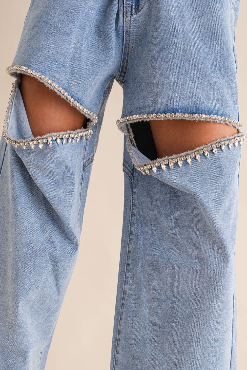 15137P-1 - Cut Out Front Rhinestone Washed Denim Jeans