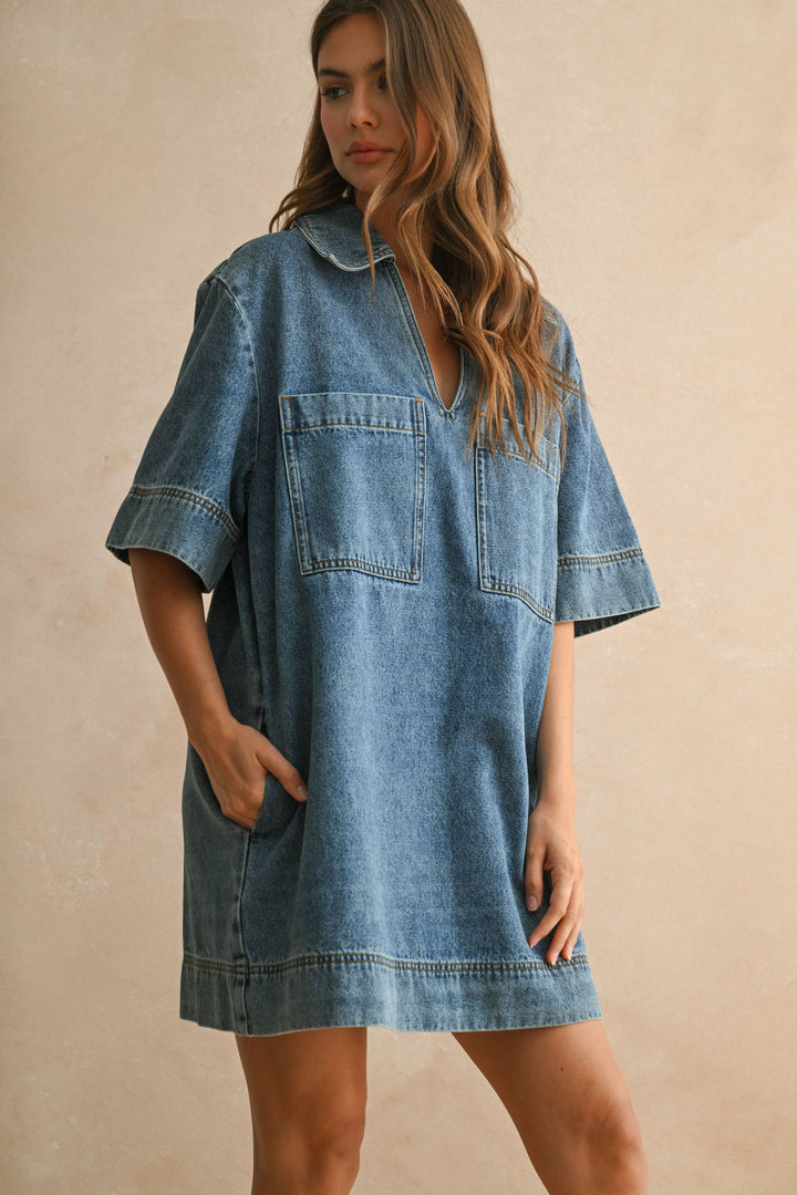 D4231   V-NECK DENIM TUNIC DRESS