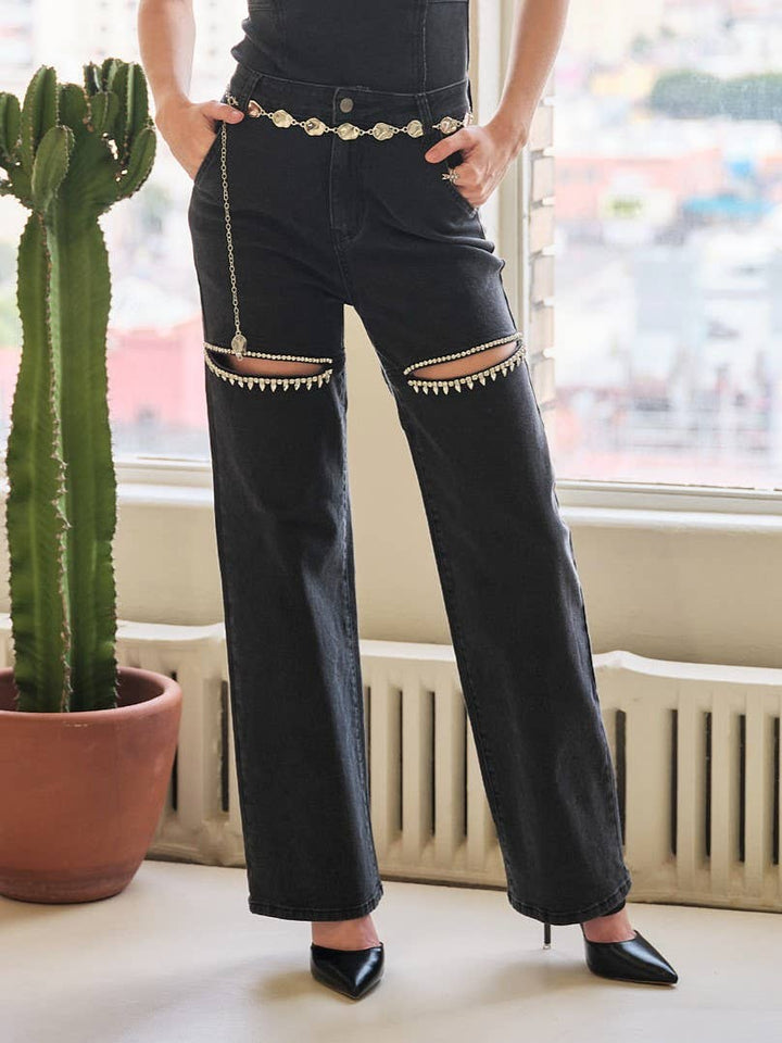 15137P-1 - Cut Out Front Rhinestone Washed Denim Jeans