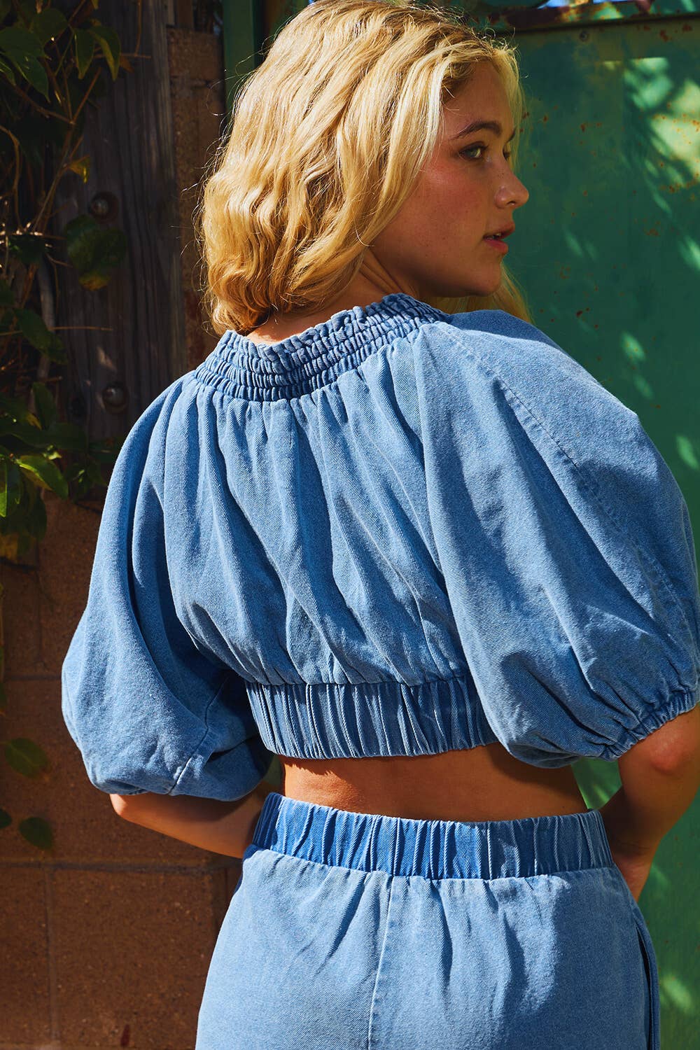 IT2266C Smocked Ruffle V-neck Crop Top Denim Blouse