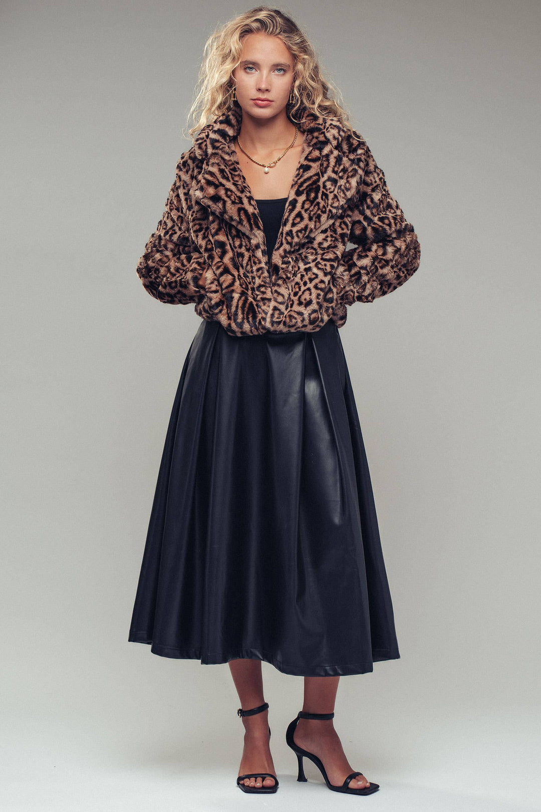 Cropped Faux Fur Leopard Print Bomber Jacket