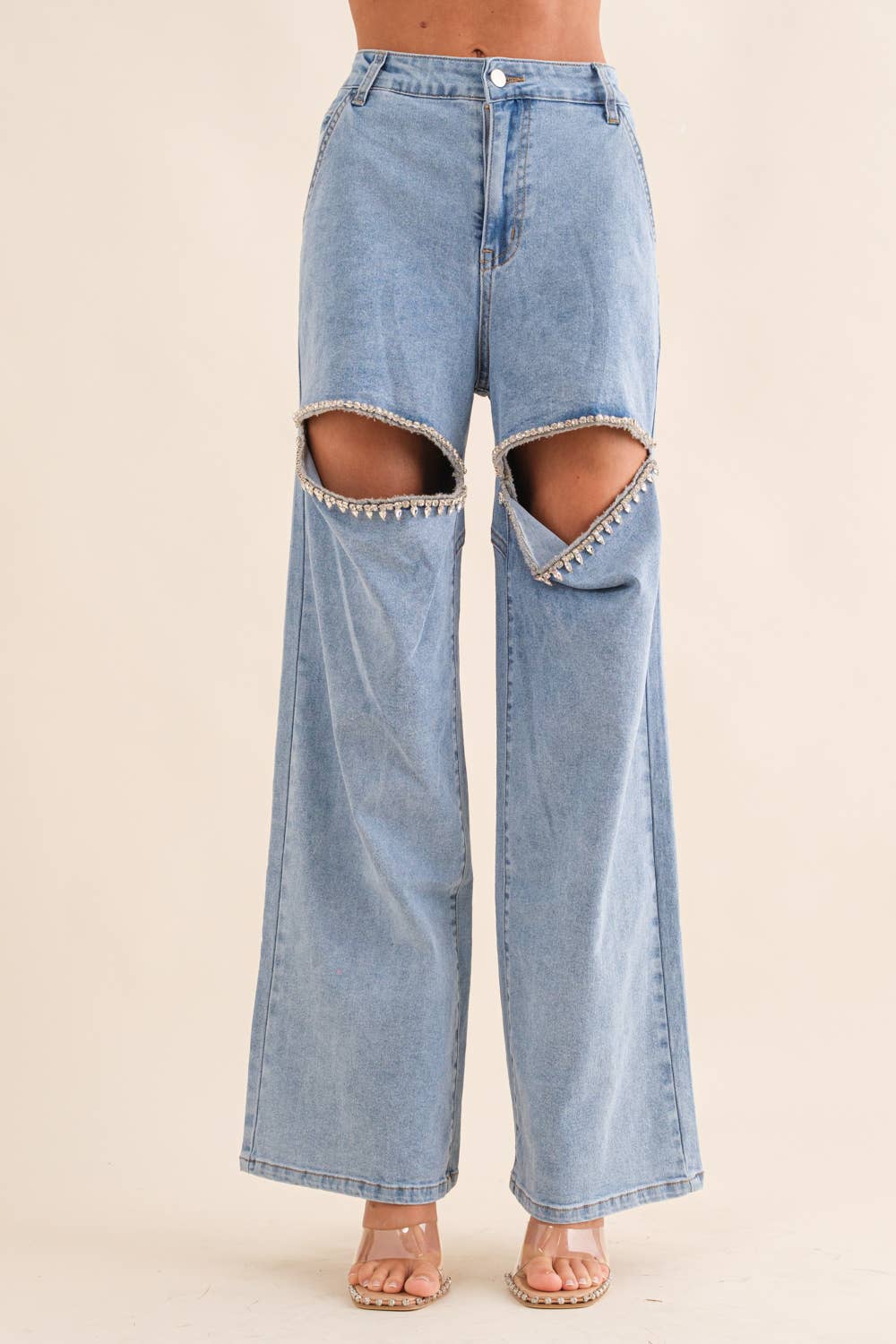 15137P-1 - Cut Out Front Rhinestone Washed Denim Jeans