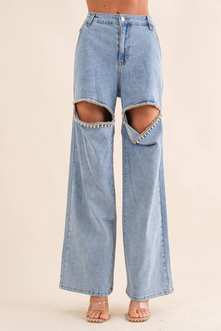 15137P-1 - Cut Out Front Rhinestone Washed Denim Jeans