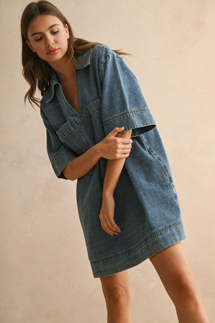 D4231   V-NECK DENIM TUNIC DRESS