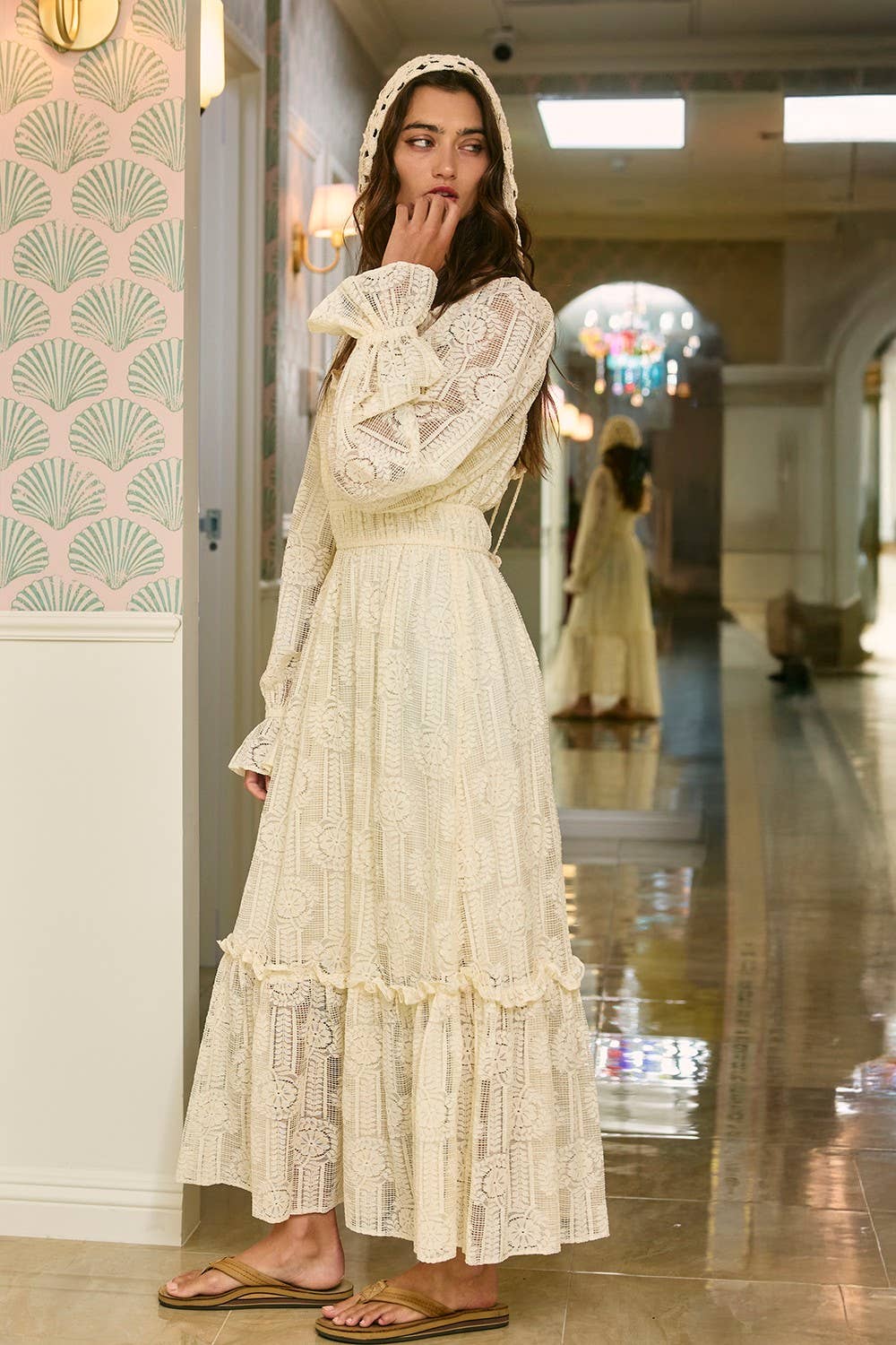 ID4160 Elastic Waist Lace Tiered Maxi Dress