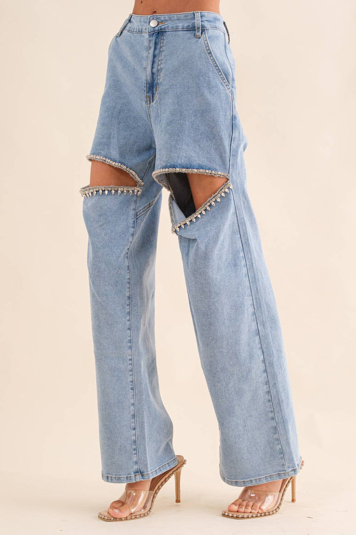 15137P-1 - Cut Out Front Rhinestone Washed Denim Jeans